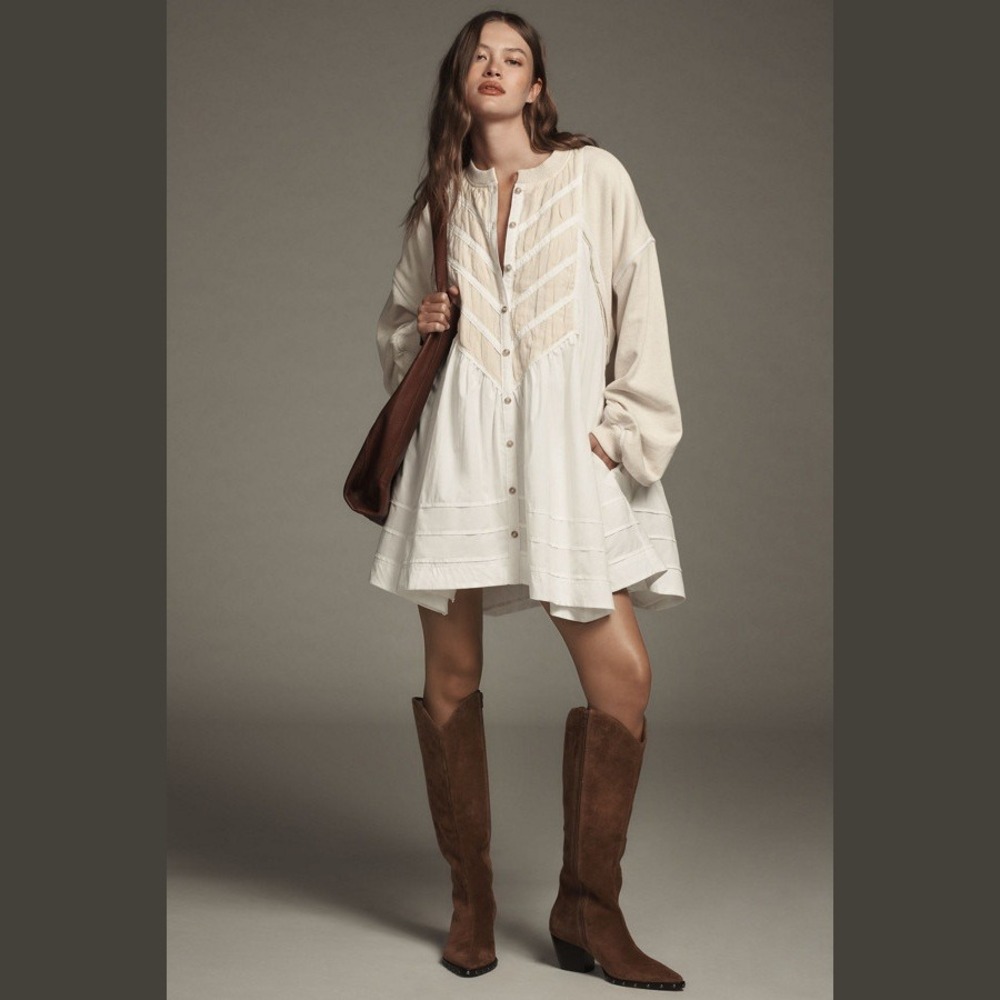 Anthropologie Cream and Beige Long-Sleeve Mini Dress